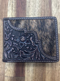 Justin Bifold Wallet - Dark Brown Floral Tooling With Cowhide Inlay