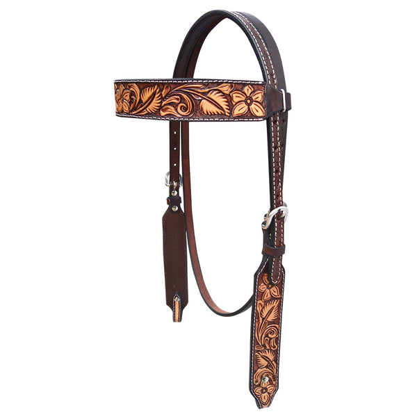 Floral Hand Carved Headstall - Brown