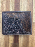 Justin Bifold Wallet - Dark Brown Floral Tooling With Cowhide Inlay