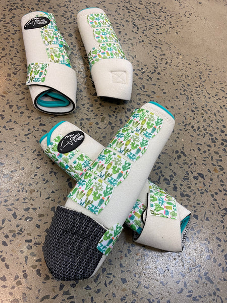 Set Of 4 Ortho Equine Complete Comfort Boots - White with Turquoise Binding & Cactus Straps