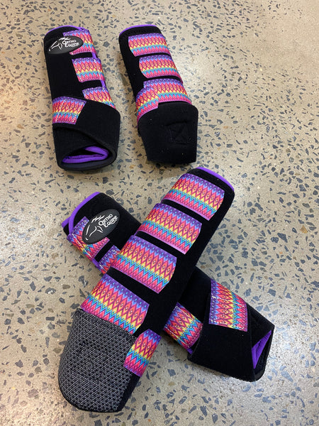 Set Of 4 Ortho Equine Complete Comfort Boots - Black with Purple Binding & Aztec Straps
