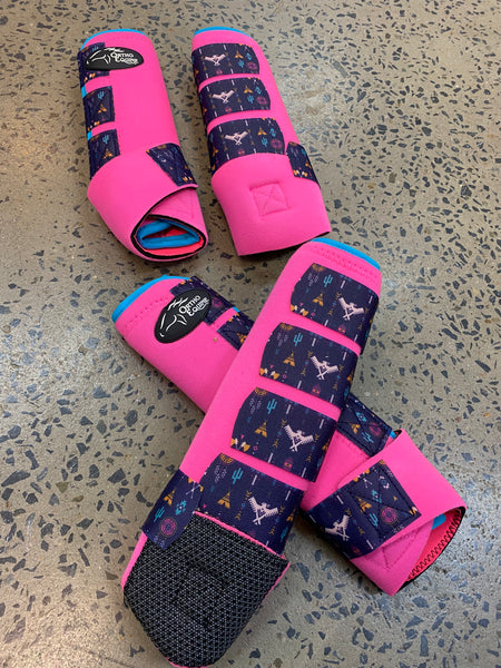 Set Of 4 Ortho Equine Complete Comfort Boots - Hot Pink with Turquoise Trim & Native Straps