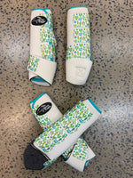 Set Of 4 Ortho Equine Complete Comfort Boots - White with Turquoise Binding & Cactus Straps